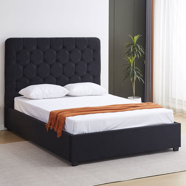 Laelio Velvet Fabric King Size Bed in Black