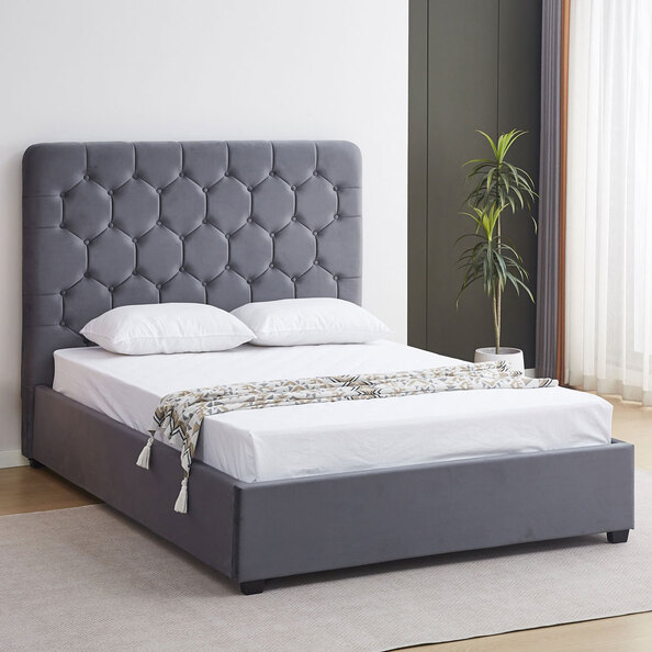 Laelio Velvet Fabric Ottoman Storage King Size Bed in Grey