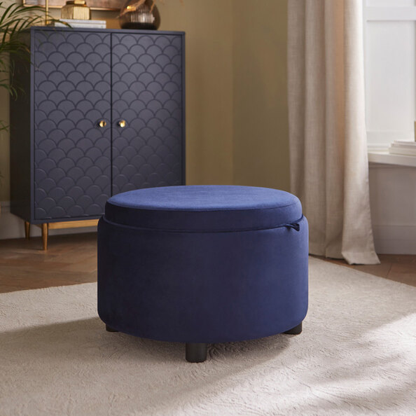Laelis Velvet Tray Storage Stool in Midnight Blue
