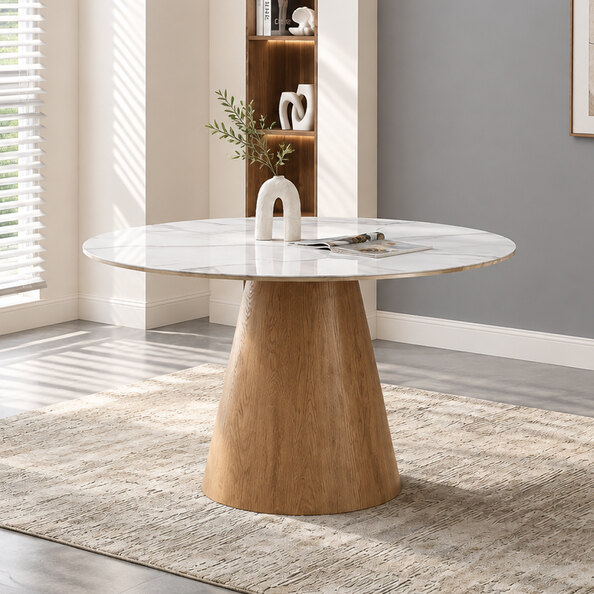 Laevor White Sintered Stone Top Dining Table with Walnut Wooden Base