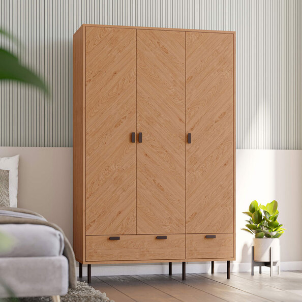 Lagos Wooden Wardrobe with 3 Doors 2 Drawers in Medium Oak Effect