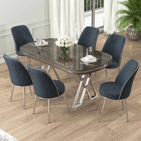 Lai Anthracite Lacquer Panel Dining Table with 6 Fabric Chairs in Chrome