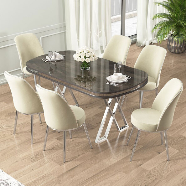 Lai Anthracite Lacquer Panel Dining Table with 6 Fabric Cream Chairs in Chrome