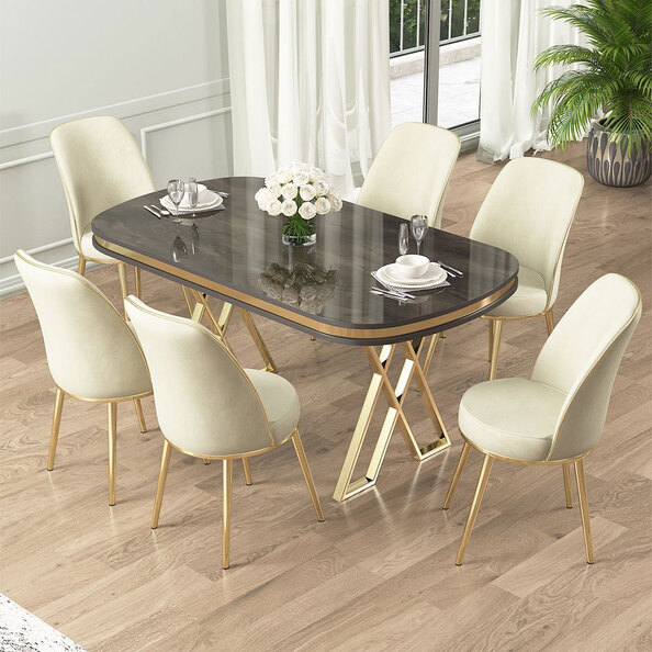 Lai Anthracite Lacquer Panel Dining Table with 6 Fabric Cream Chairs in Gold