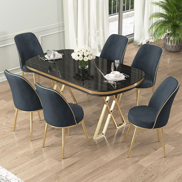 Lai Black Marble Effect Top Lacquer Panel Dining Table with 6 Fabric Anthracite Chairs in Gold