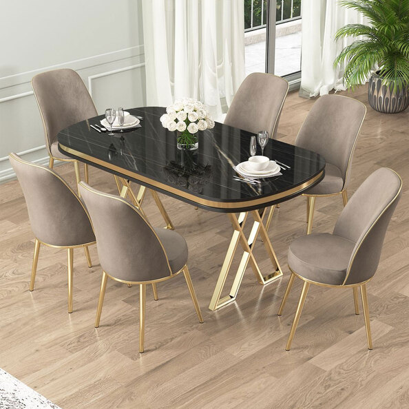 Lai Black Marble Effect Top Lacquer Panel Dining Table with 6 Fabric Cappuccino Chairs in Gold