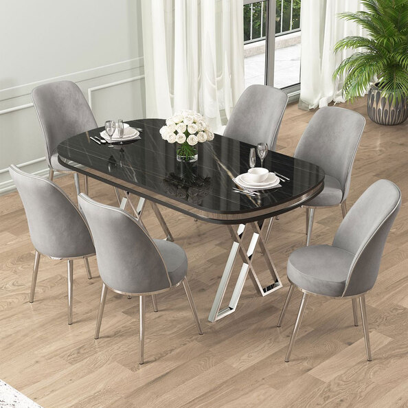 Lai Black Marble Effect Top Lacquer Panel Dining Table with 6 Fabric Grey Chairs in Chrome
