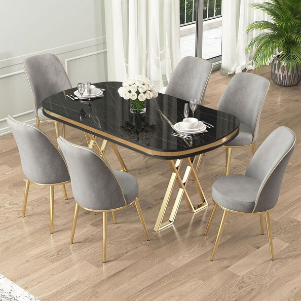 Lai Black Marble Effect Top Lacquer Panel Dining Table with 6 Fabric Grey Chairs in Gold