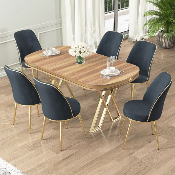 Lai Light Walnut Lacquer Panel Dining Table with 6 Fabric Anthracite Chairs in Gold