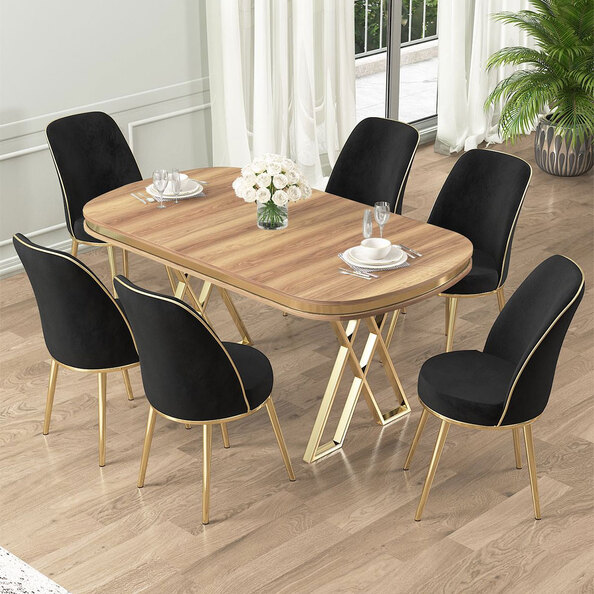 Lai Light Walnut Lacquer Panel Dining Table with 6 Fabric Black Chairs in Gold