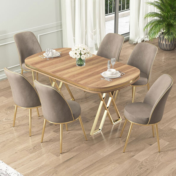 Lai Light Walnut Lacquer Panel Dining Table with 6 Fabric Cappuccino in Gold