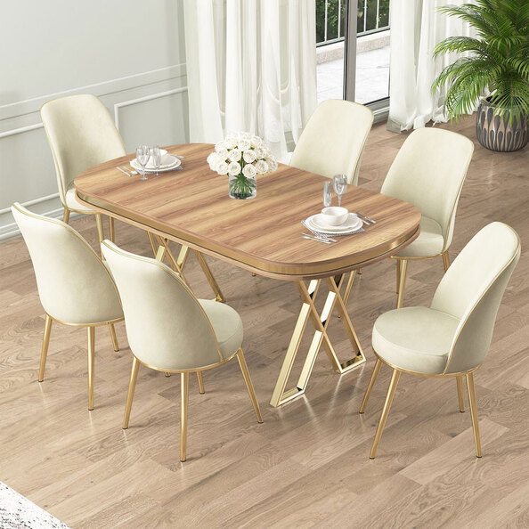 Lai Light Walnut Lacquer Panel Dining Table with 6 Fabric Cream in Gold