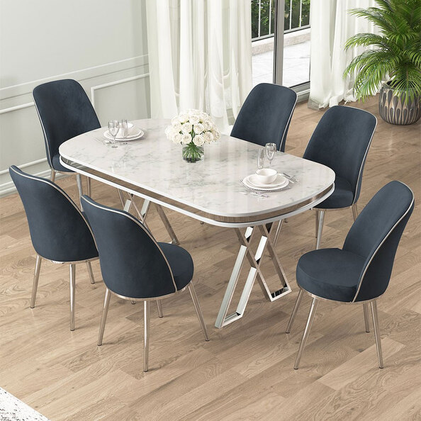Lai White Lacquer Panel Dining Table with 6 Fabric Anthracite Chairs in Chrome