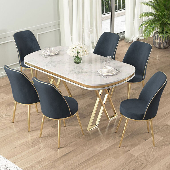 Lai White Lacquer Panel Dining Table with 6 Fabric Anthracite Chairs in Gold