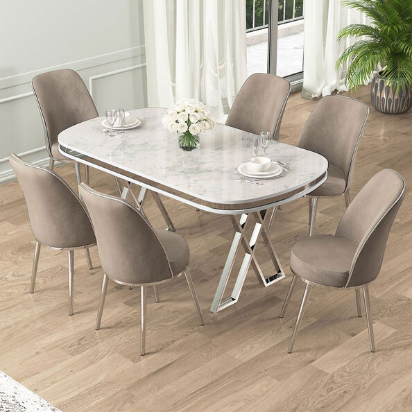 Lai White Lacquer Panel Dining Table with 6 Fabric Cappuccino Chairs in Chrome