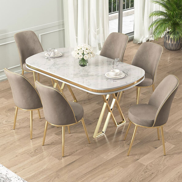 Lai White Lacquer Panel Dining Table with 6 Fabric Cappuccino Chairs in Gold