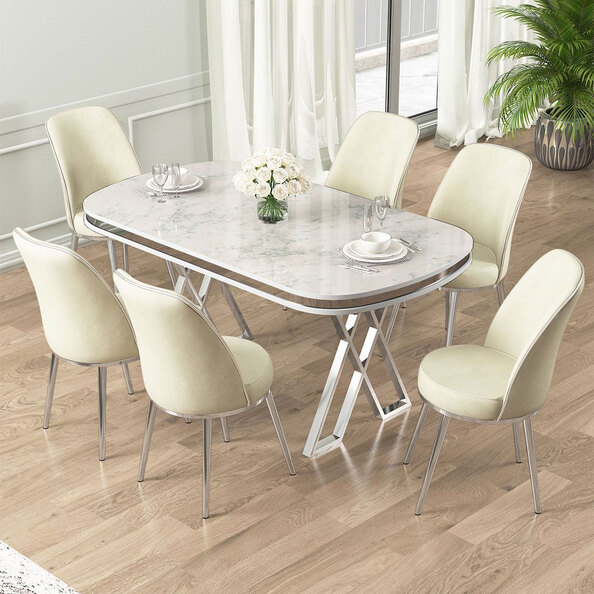 Lai White Lacquer Panel Dining Table with 6 Fabric Cream Chairs in Chrome
