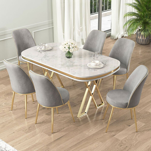 Lai White Lacquer Panel Dining Table with 6 Fabric Grey Chairs in Gold
