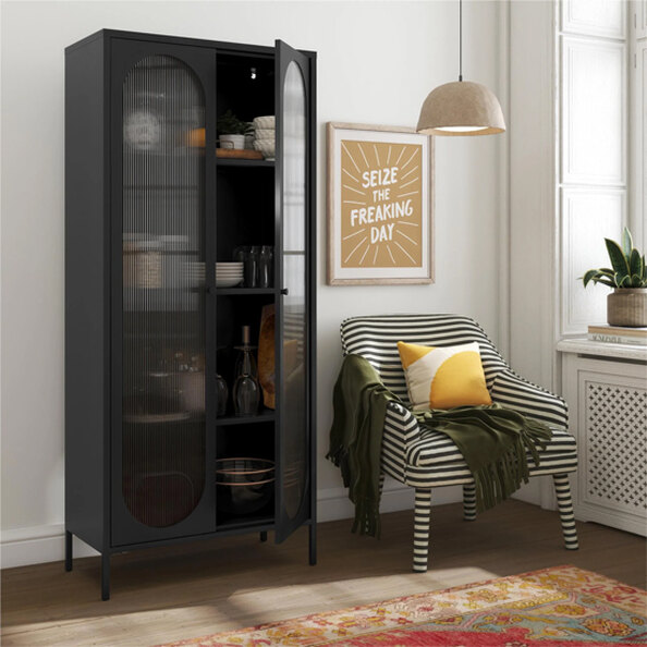 Lakes Metal Storage Cabinet Tall 2 Fluted Glass Doors In Black