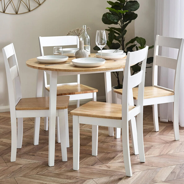 Lamar White Oak Wooden Round Drop Leaf Dining Table With 4 Chairs