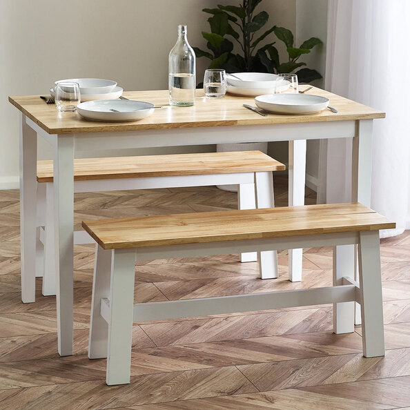 Lamar White Oak Wooden Rectangular Dining Table With 2 Bench