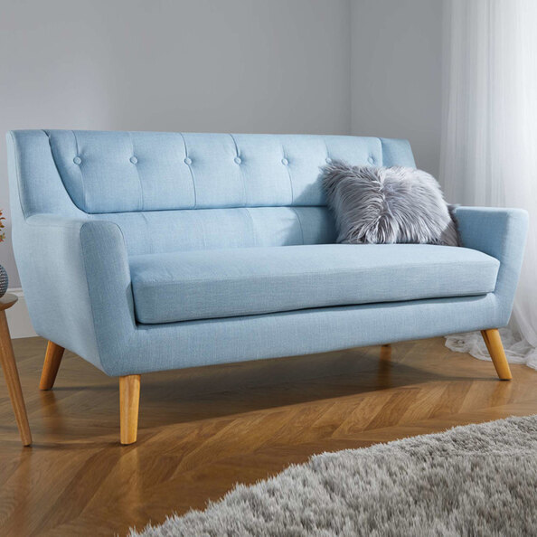 Lambda Fabric 3 Seater Sofa With Oak Legs In Duck Egg Blue