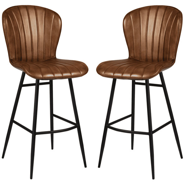 Laramie Pecan Brown Genuine Leather Bar Stools In Pair