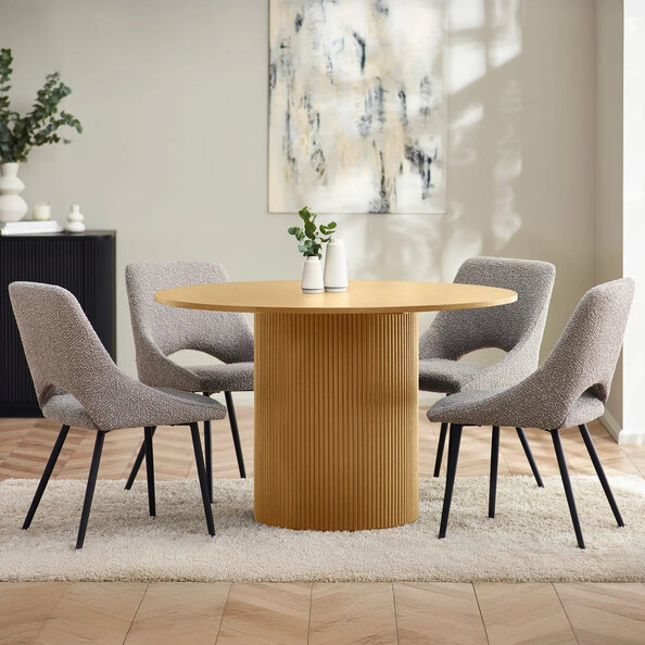 Laurel Light Oak Wooden Round Dining Table With 4 Irwin Grey Chairs
