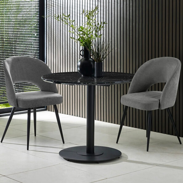 Layton Black Marble Effect Round Dining Table With 2 Erie Grey Chairs