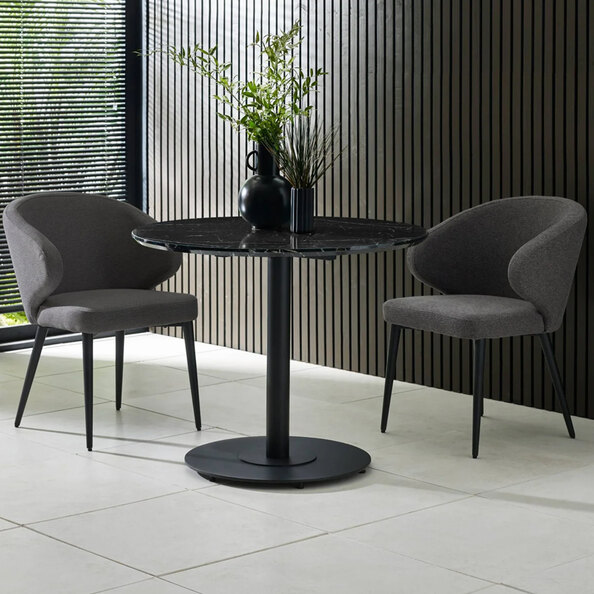 Layton Black Marble Effect Round Dining Table With 2 Mars Dark Grey Chairs
