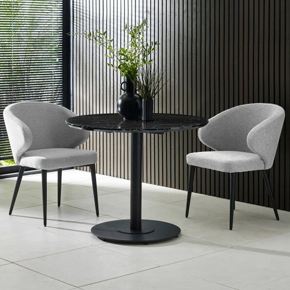 Layton Black Marble Effect Round Dining Table With 2 Mars Light Grey Chairs