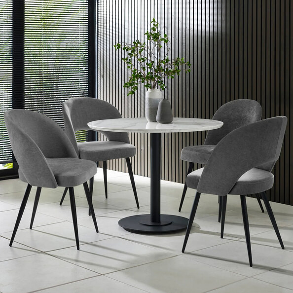 Layton White Marble Effect Round Dining Table With 4 Erie Grey Chairs
