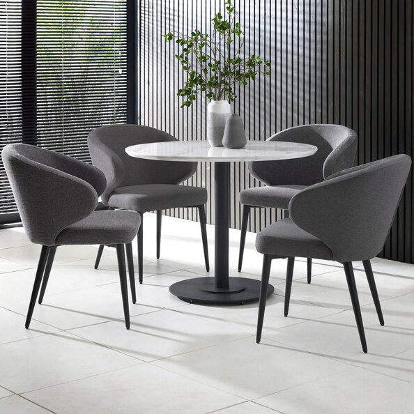 Layton White Marble Effect Round Dining Table With 4 Mars Dark Grey Chairs