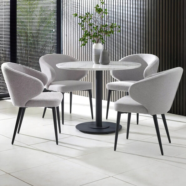 Layton White Marble Effect Round Dining Table With 4 Mars Light Grey Chairs