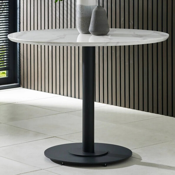 Layton 100cm White Marble Effect Round Dining Table With Metal Base