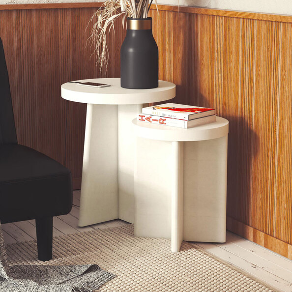 Leeds Round Wooden Set Of 2 Side Tables in Beige White
