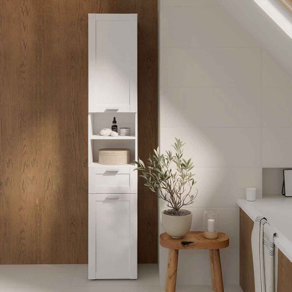 Leko Tall Narrow Wooden Bathroom Cabinet with 2 Doors 1 Drawer in White