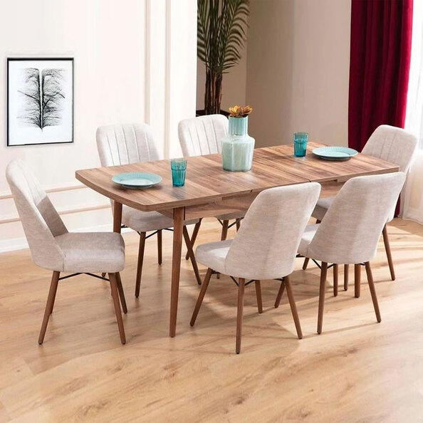 Lidyana Hornbeam Extending Dining Table with 6 Polyester Cream Chairs