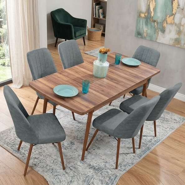 Lidyana Hornbeam Extending Dining Table with 6 Polyester Grey Chairs