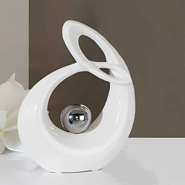 Life Small Sculpture In White Ceramic With Silver Ball