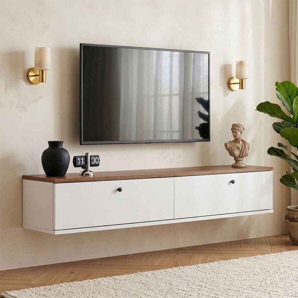 Ligne 140cm Wooden Wall Mounted TV Stand with 2 Doors in White and Atlantic Pine