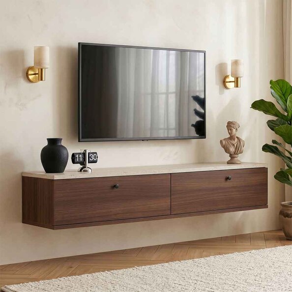 Ligne 140cm Wooden Wall Mounted TV Stand with 2 Doors in Walnut and Travertine Marble Effect