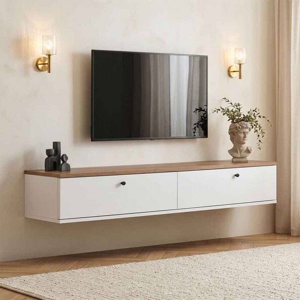 Ligne 160cm Wooden Wall Mounted TV Stand with 2 Doors in White and Atlantic Pine
