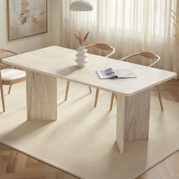 Linzor Rectangular Wooden Dining Table in Travertine Marble Effect
