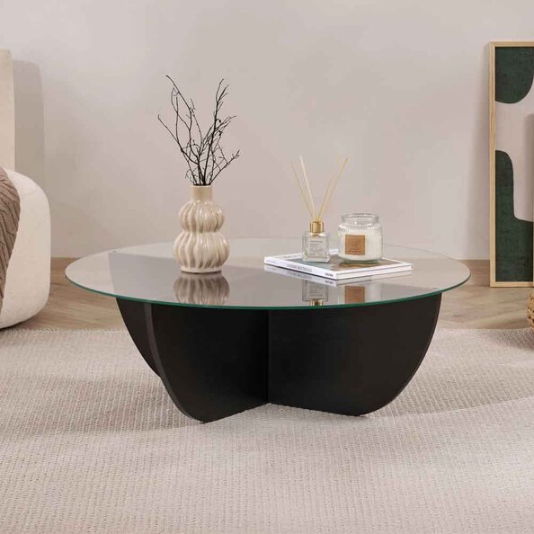 Liorza Round Clear Glass Coffee Table with Black Wooden Base