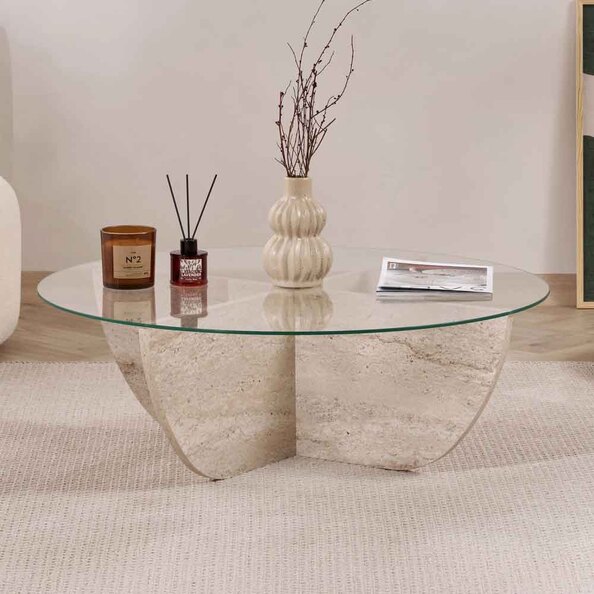 Liorza Round Clear Glass Coffee Table with Travertine Marble Effect Wooden Base