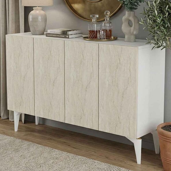Lipa Wooden Sideboard with 4 Doors in White and Travertine Marble Effect