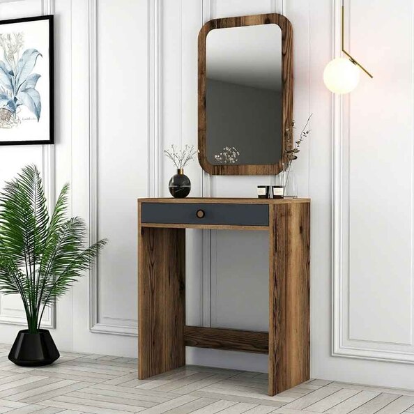 Lizbon Wooden Dressing Table with Mirror in Walnut and Anthracite