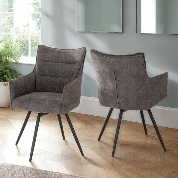 Llyra Grey Fabric Carver Swivel Dining Chairs in Pair