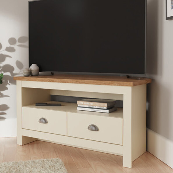 Loftus Wooden Corner TV Stand With 2 Drawers In Cream And Oak